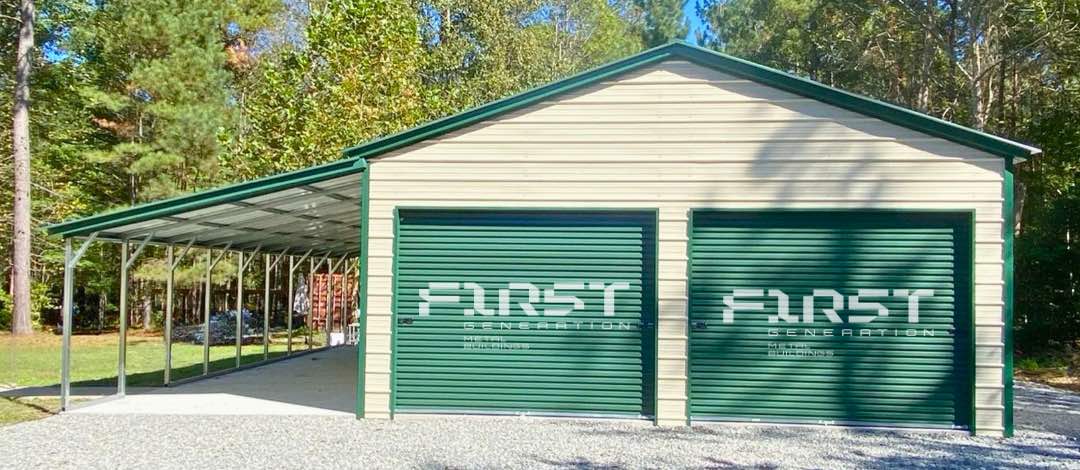 Metal garage with lean to